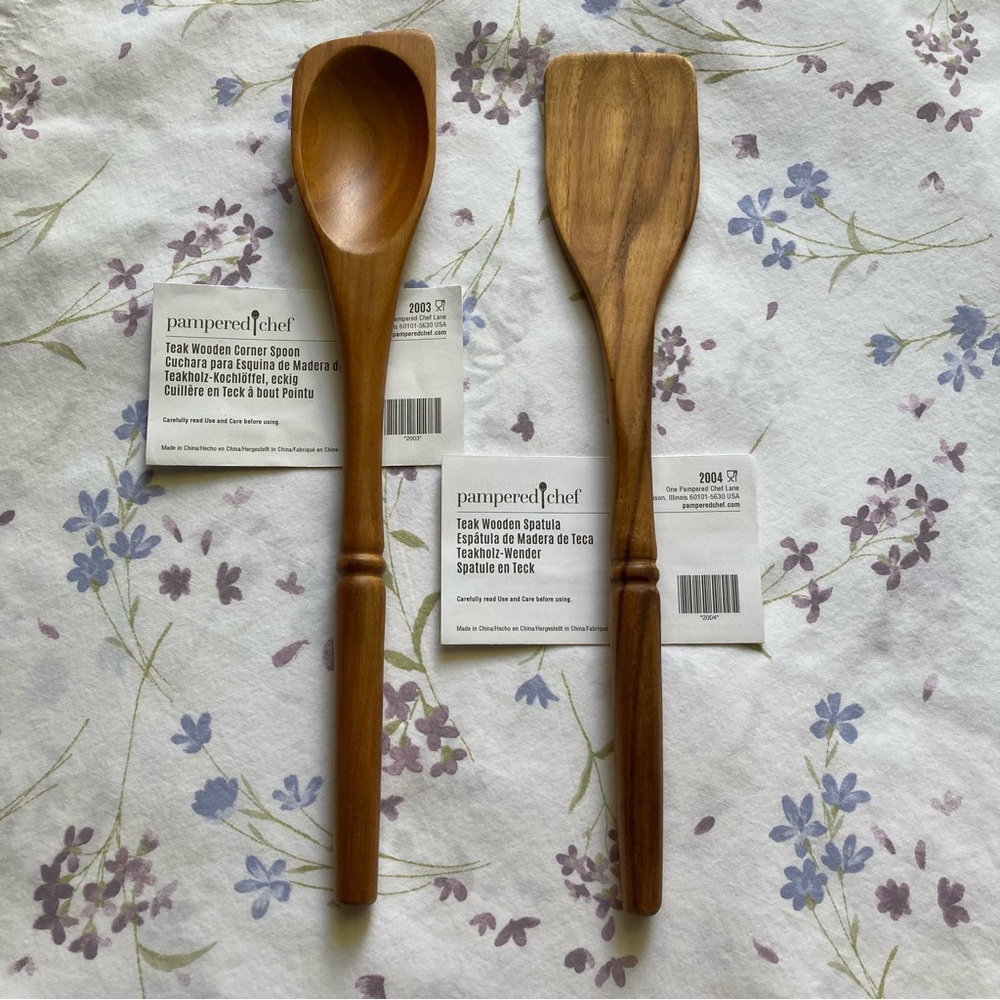 Pampered Chef Teak Corner Spoon & Spatula Set